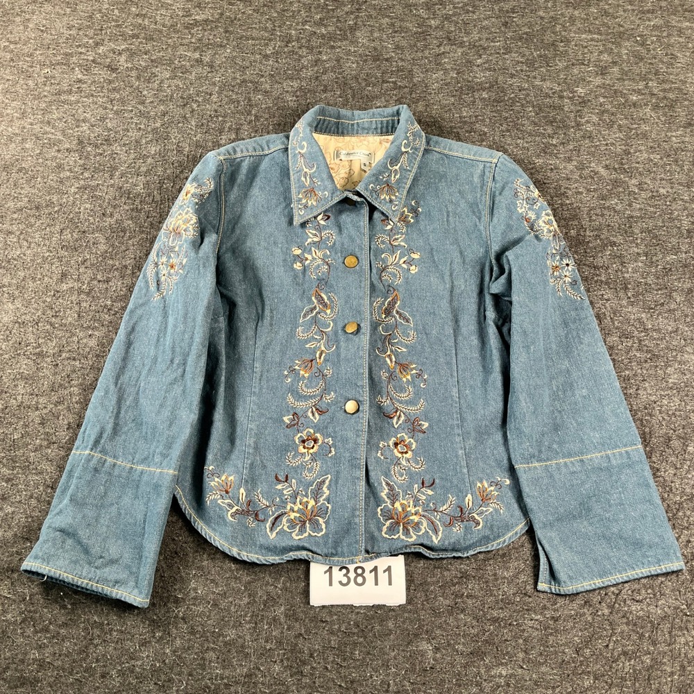 Coldwater Creek Trucker Jacket Women Small Blue Denim Floral Embroidered Outdoor